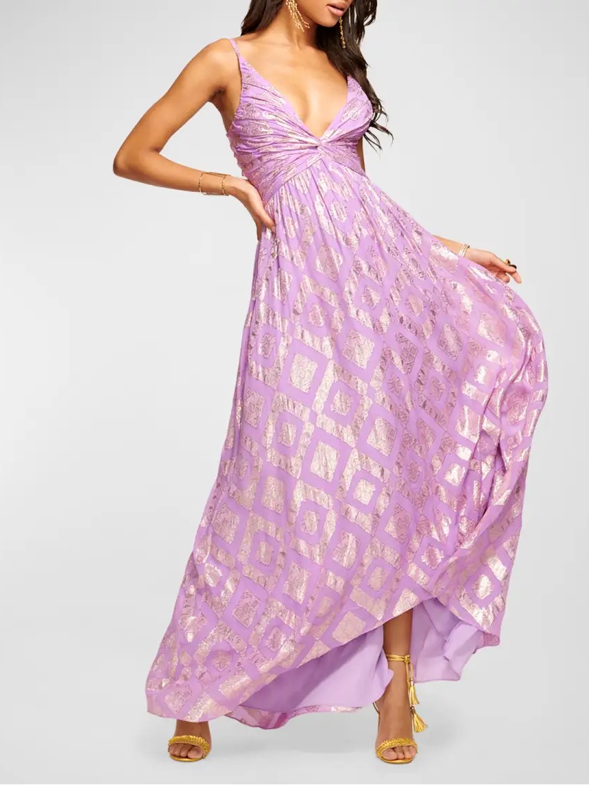 Ramy Brook Toby Twist-Front Metallic Jacquard Gown Size 10 Nwt Lilac